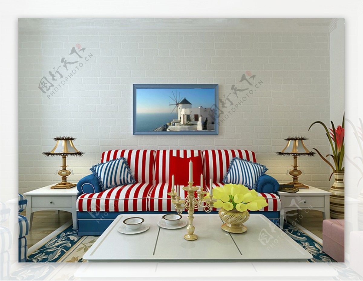 地中海白色砖纹壁纸客厅沙发背景墙效果