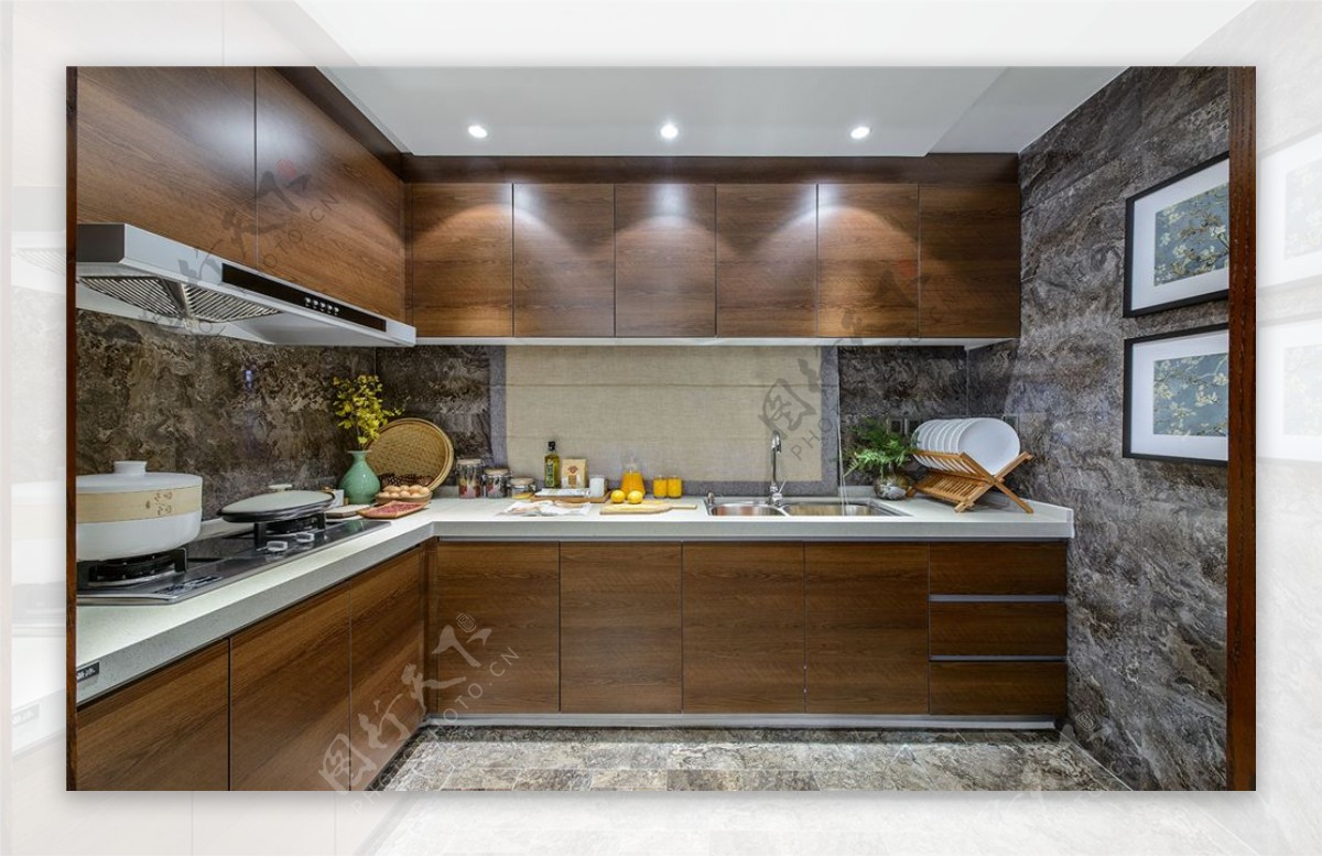 中式复古风格厨房实木色橱柜效果图