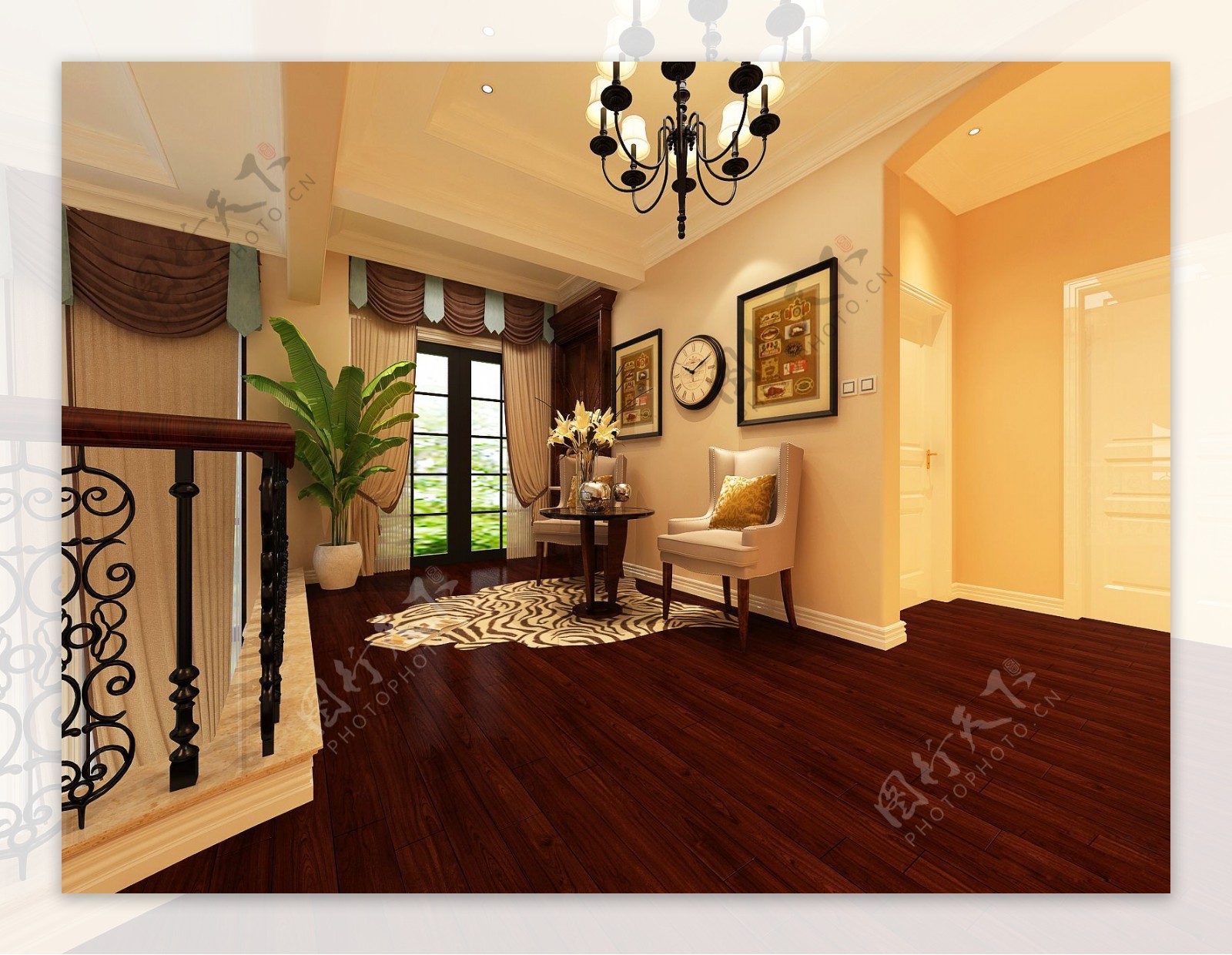 美式清新复式客厅木制地板室内装修效果图