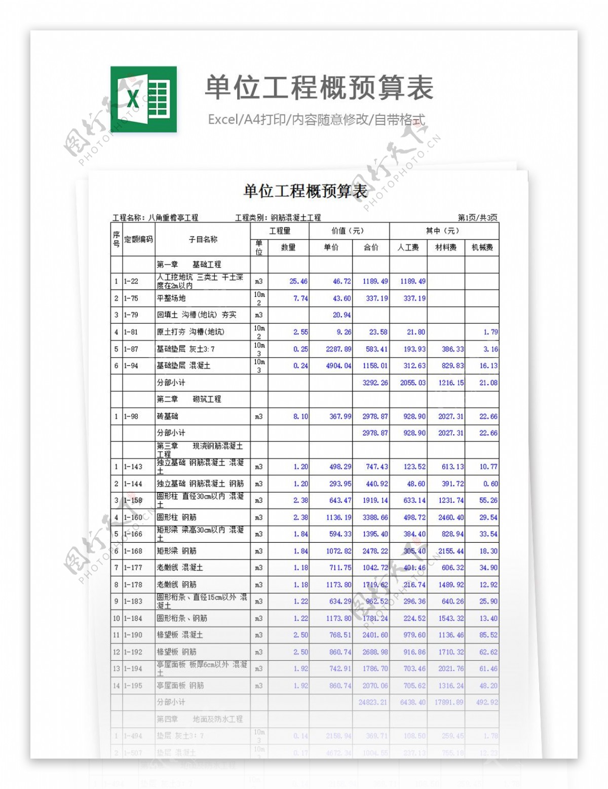 xx单位工程预算表