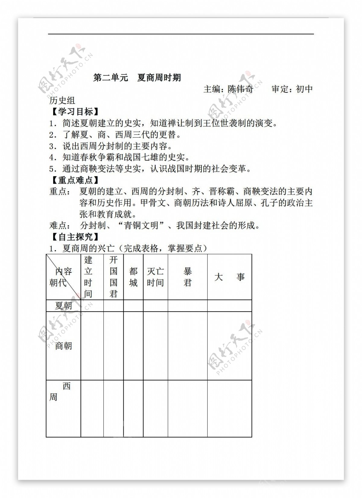 七年级上册历史七年级上册第二单元夏商周时期复习学案无答案