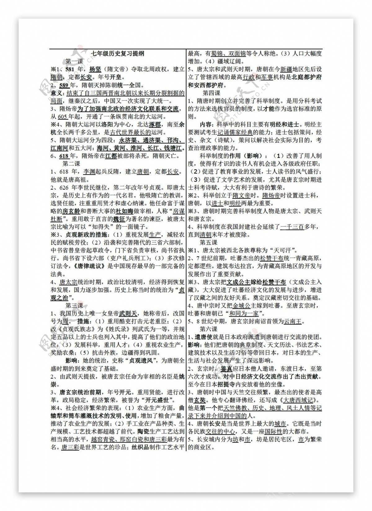 七年级下册历史七年级复习提纲