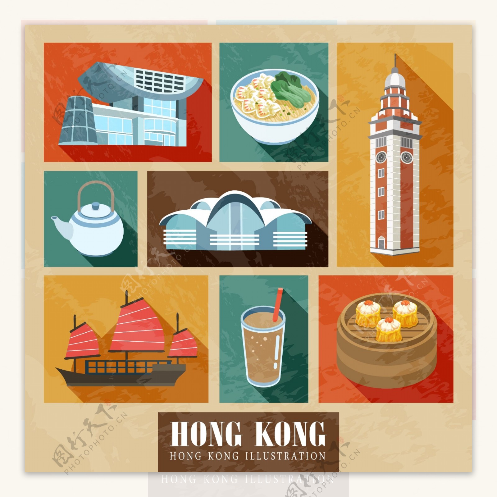 扁平创意香港建筑和美食插画