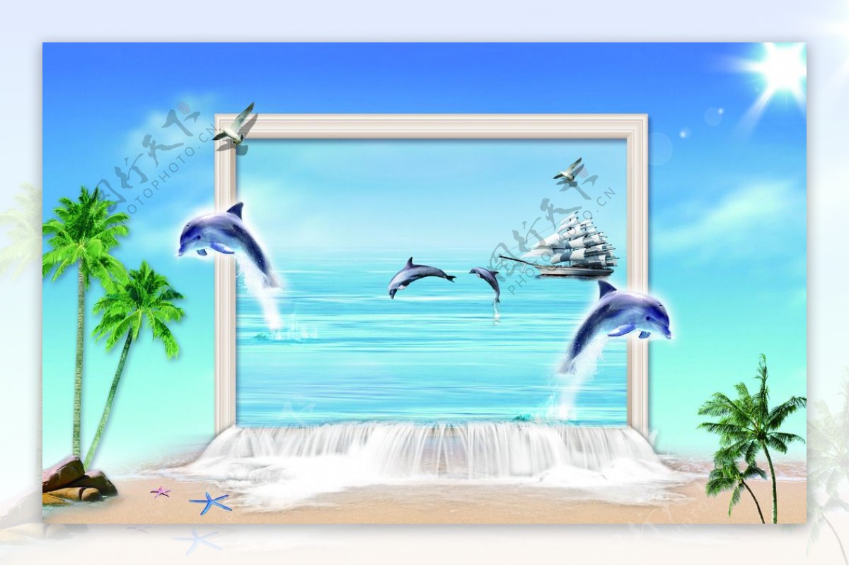 3D海豚大海椰树背景