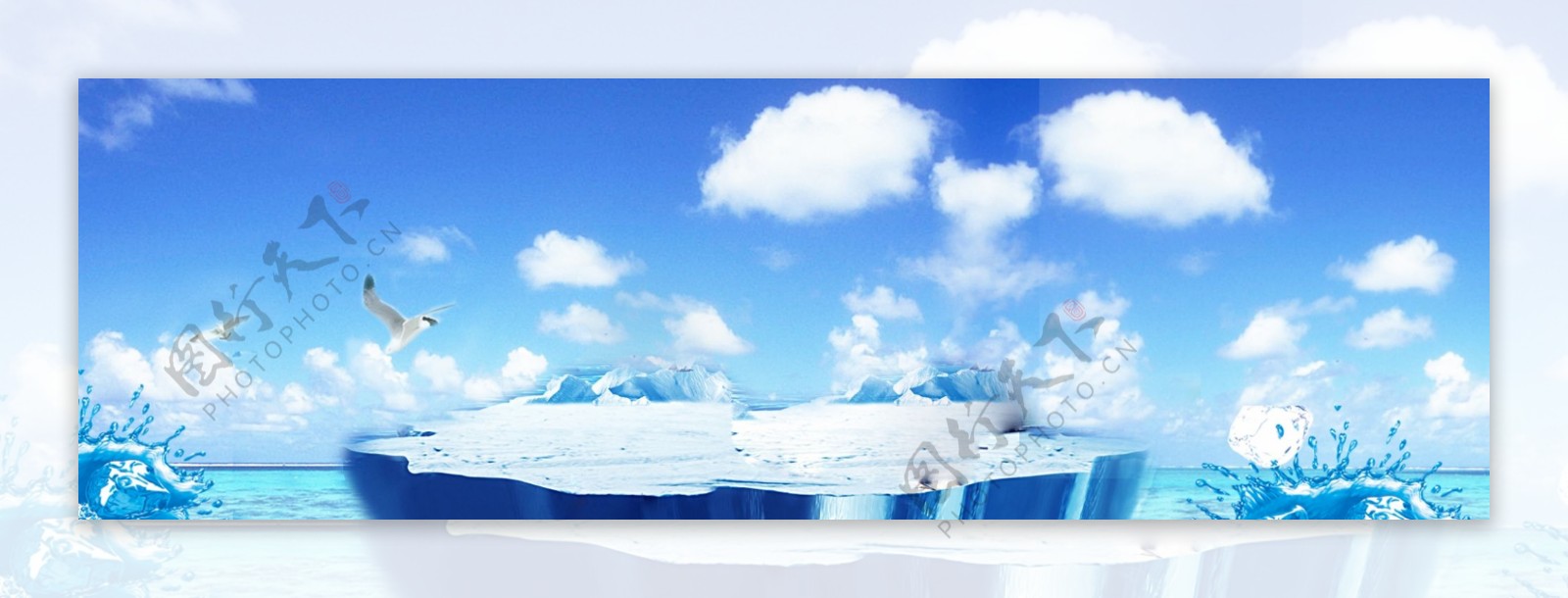 蓝色白云海洋冰块banner背景