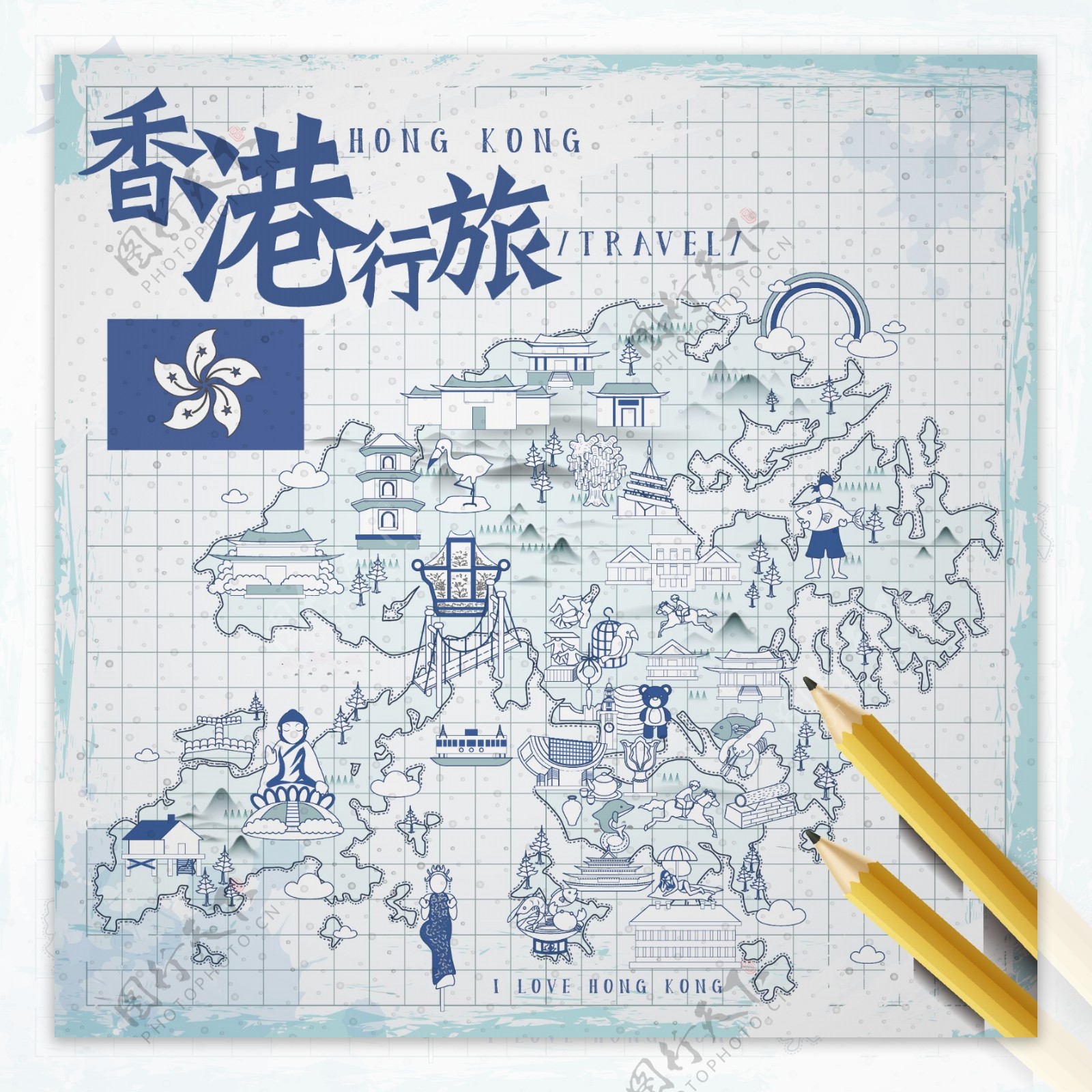 手绘创意香港旅行地图插画
