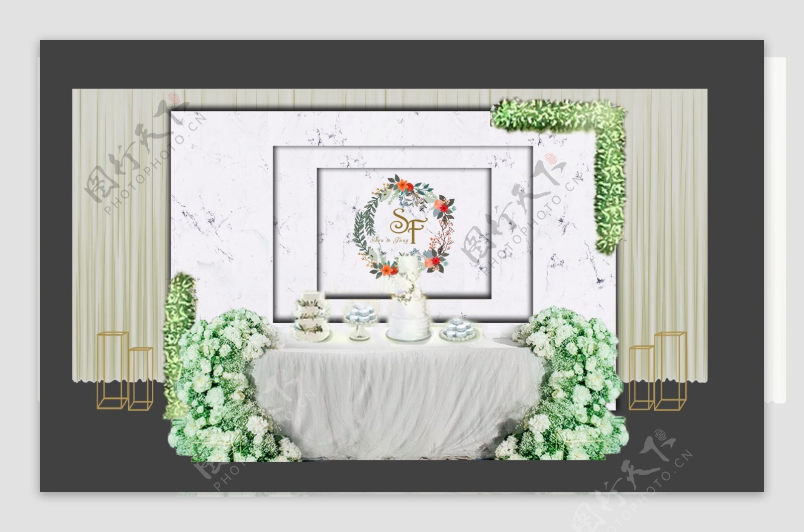 绿色婚礼展台工装效果图设计
