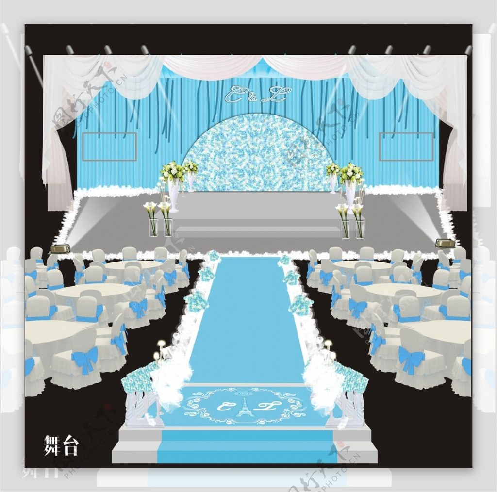 西式蓝色调舞台婚礼效果图