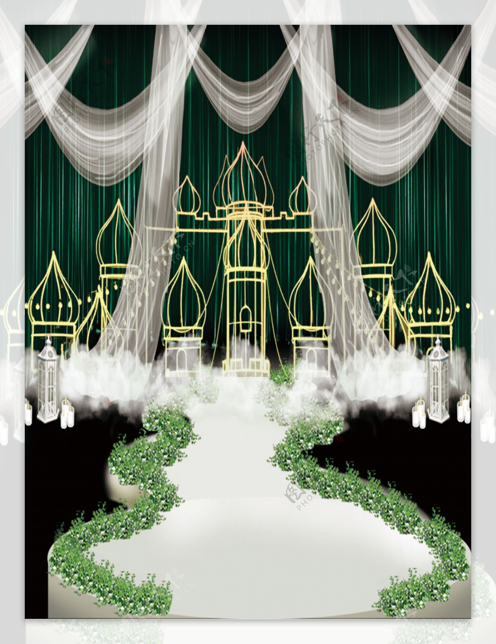 梦幻墨绿帷幔城堡云朵婚礼设计效果图