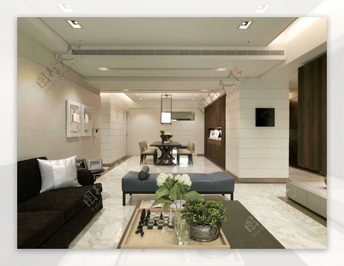 现代时尚简约客厅白色花纹地板室内装修图