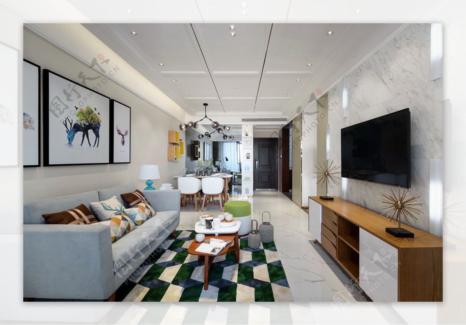 现代时尚客厅方块格子地毯室内装修效果图