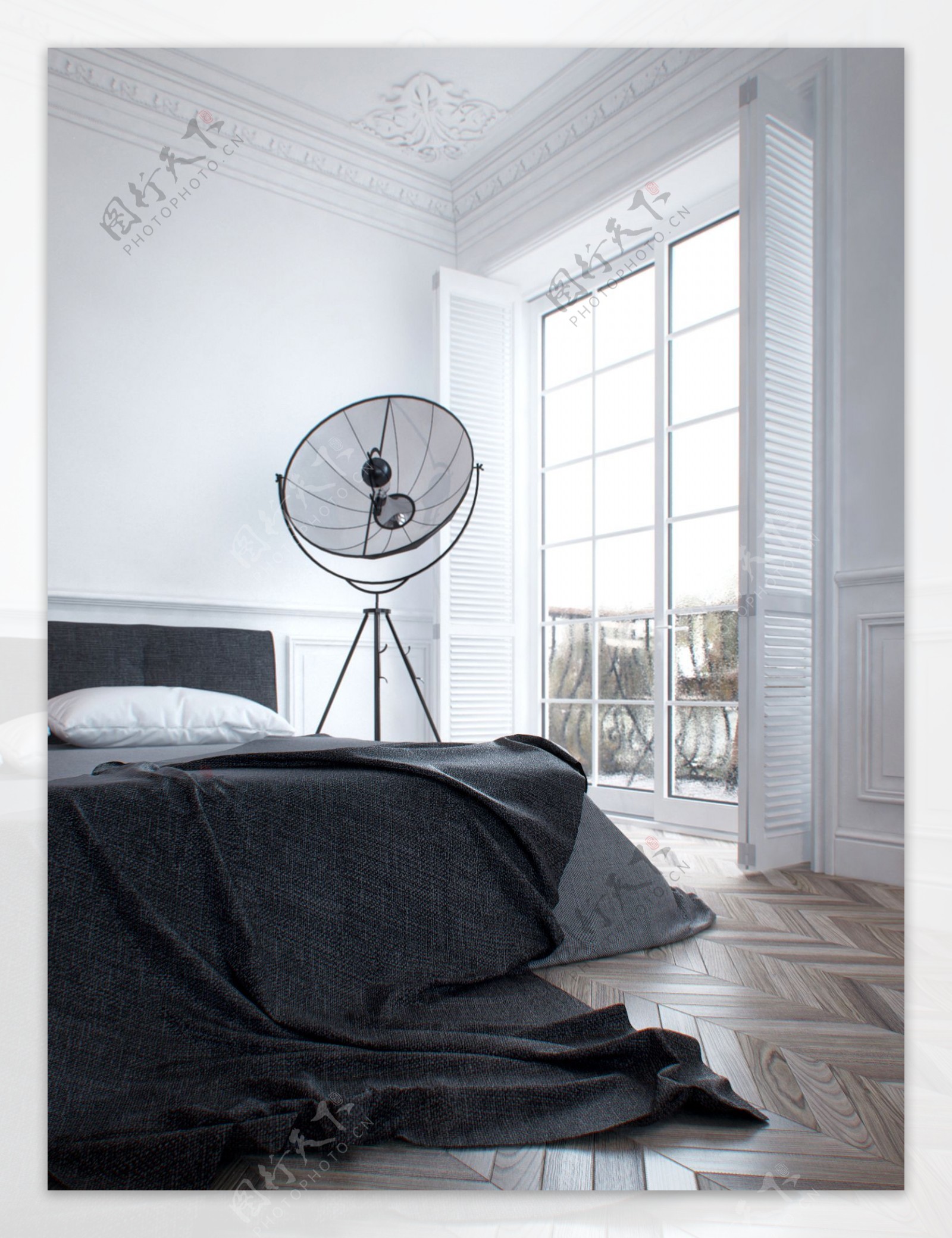 现代简约卧室纯白色背景墙室内装修效果图