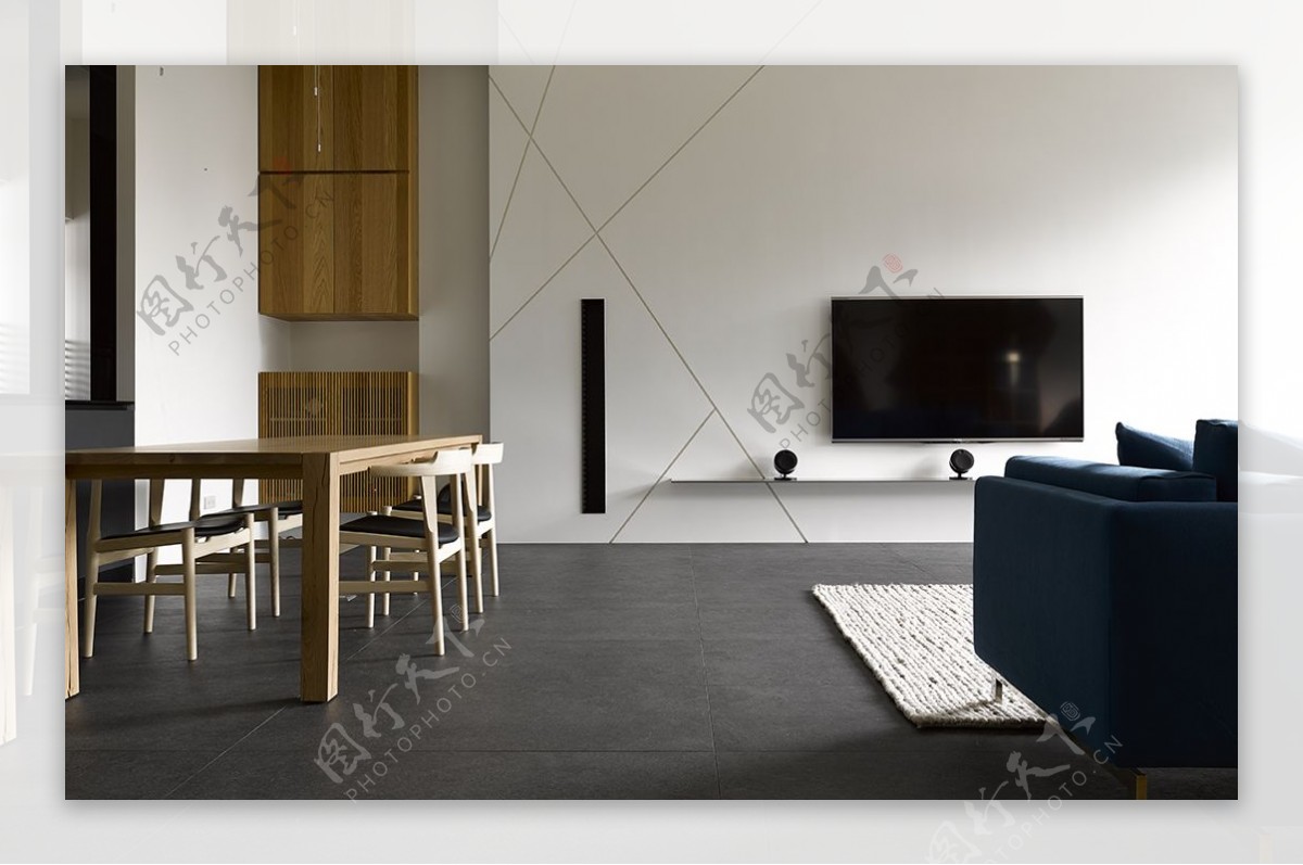 现代极简风客厅黑色地板效果图