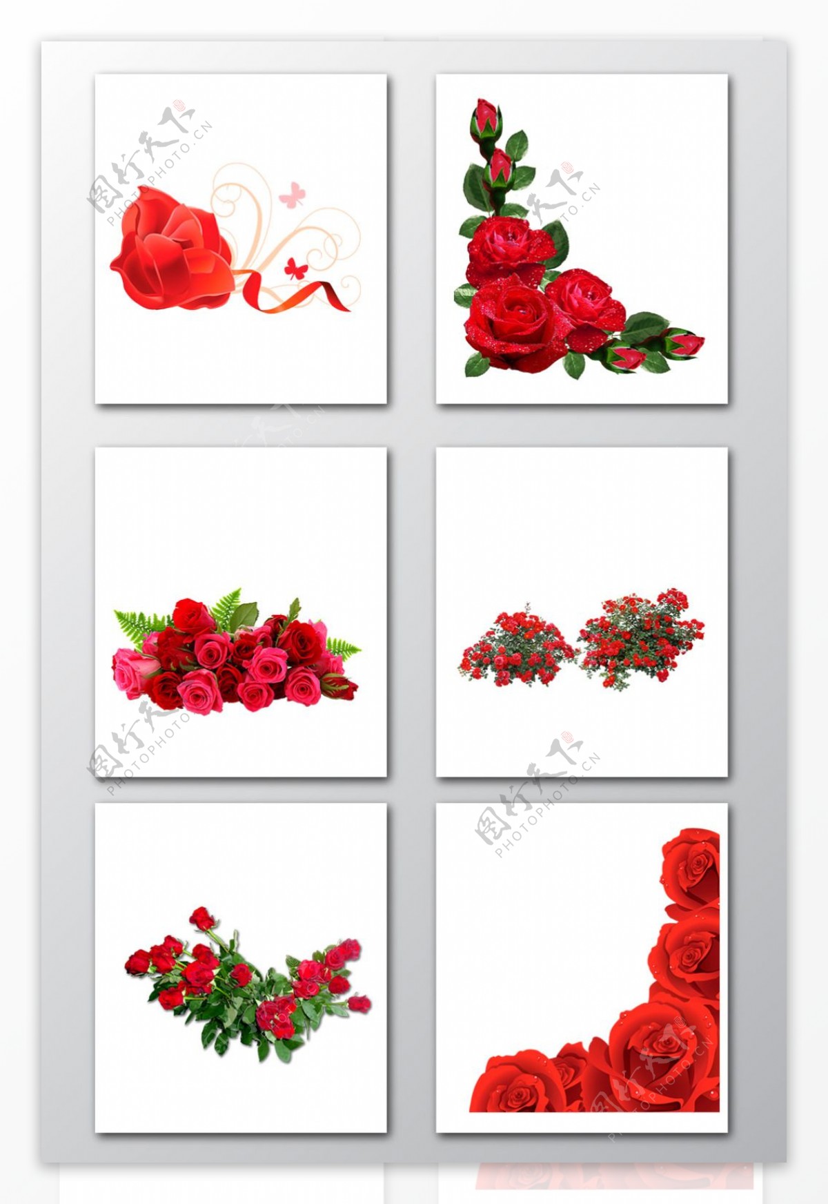 红色艳丽玫瑰花边角花束PNG素材
