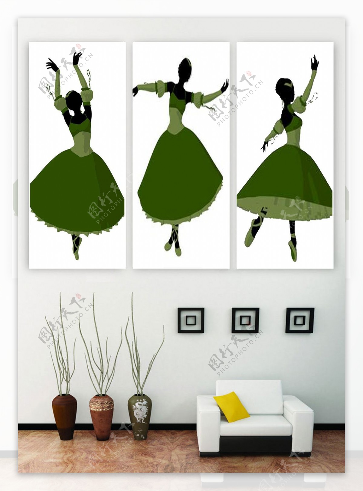三联画绿色芭蕾舞女孩家装工装装饰画