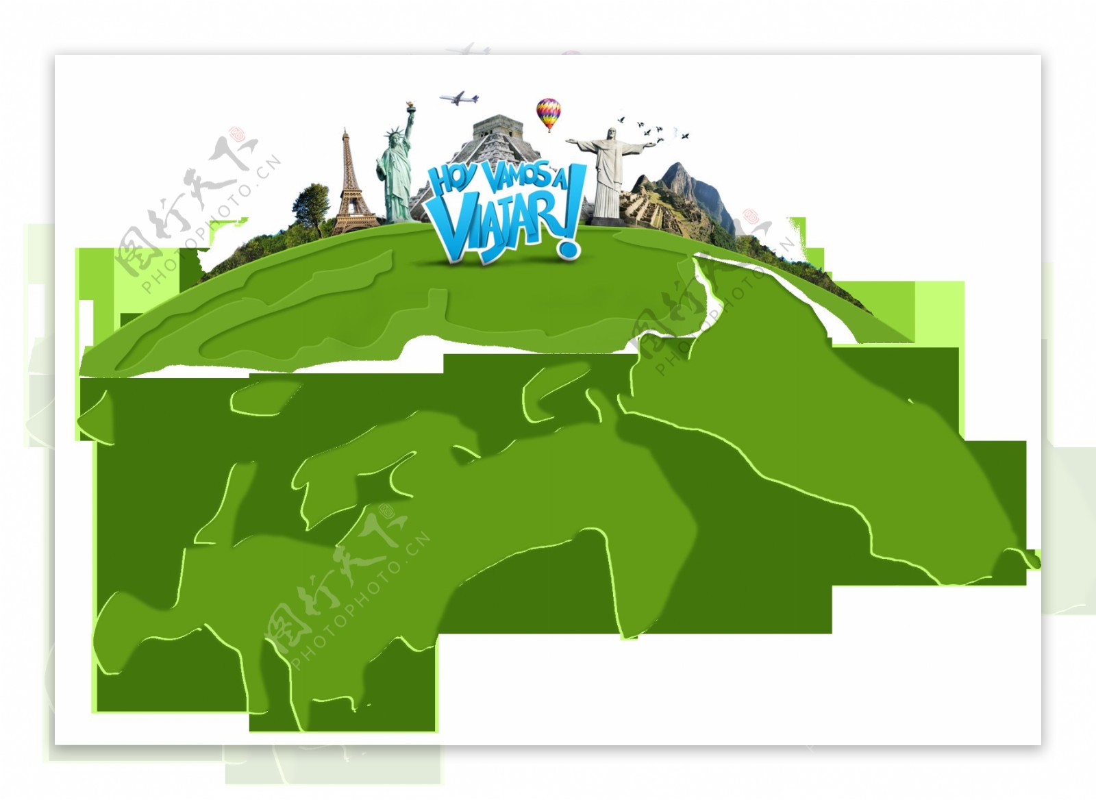 卡通绿色地球世界名胜地标建筑png元素