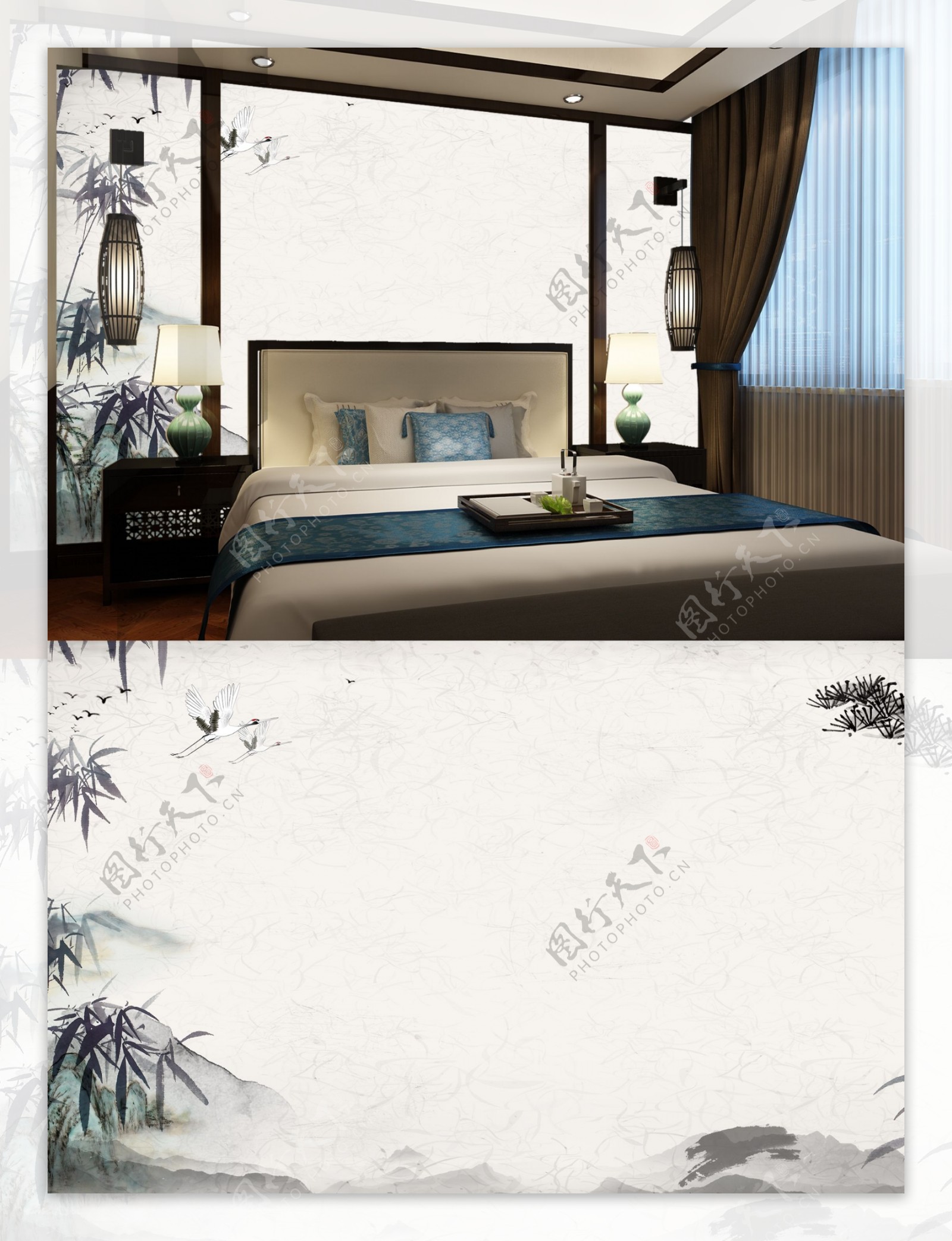 古典中式墨竹卧室背景墙