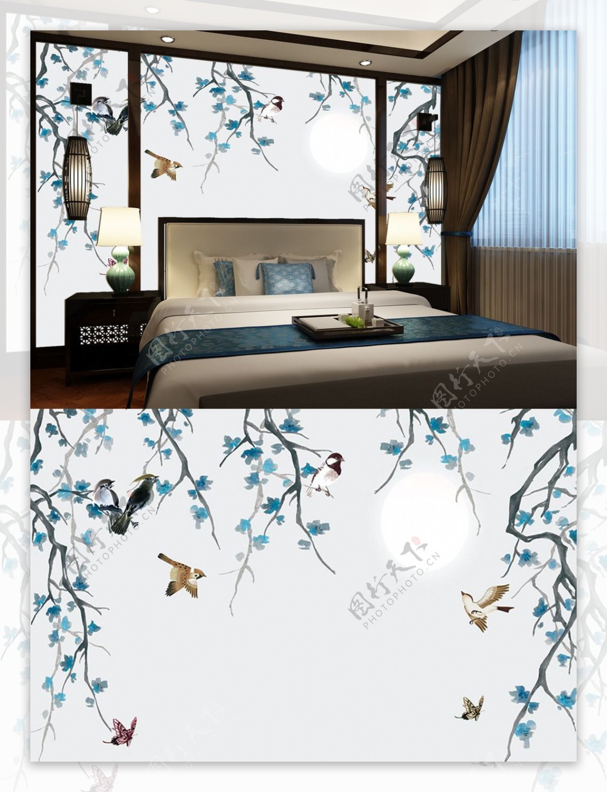 中式蓝色系飞鸟卧室背景墙