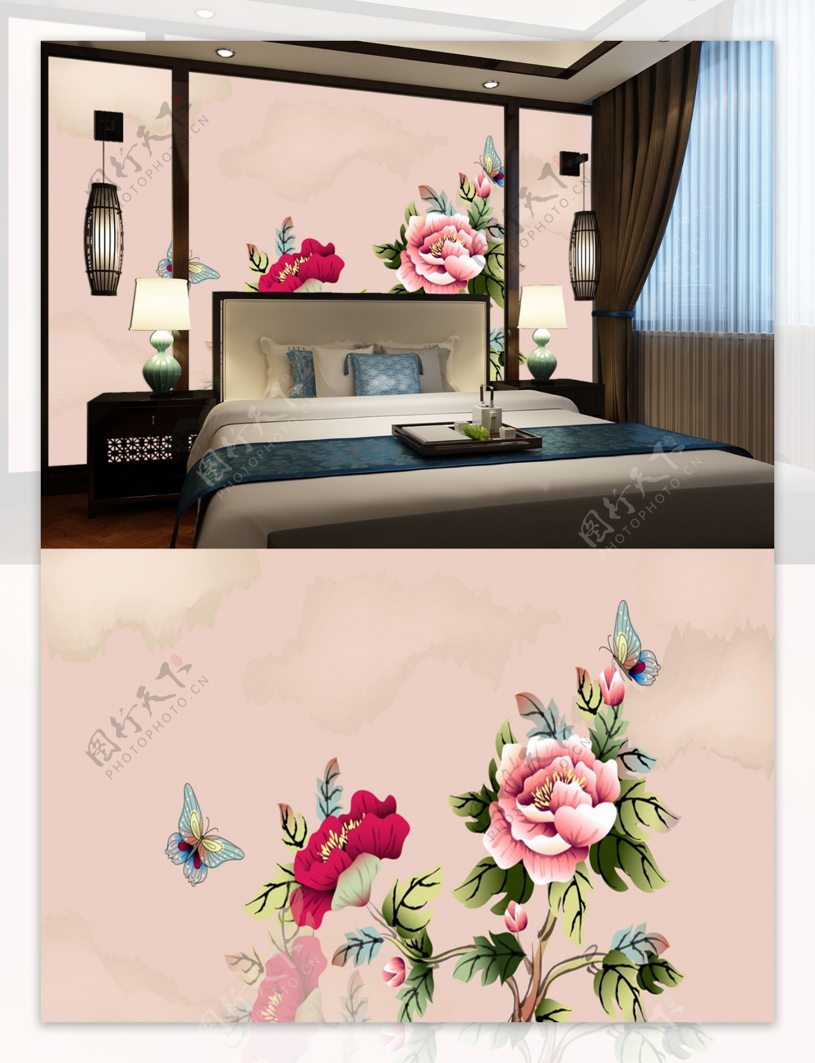 中式粉红背景牡丹水墨画卧室背景墙