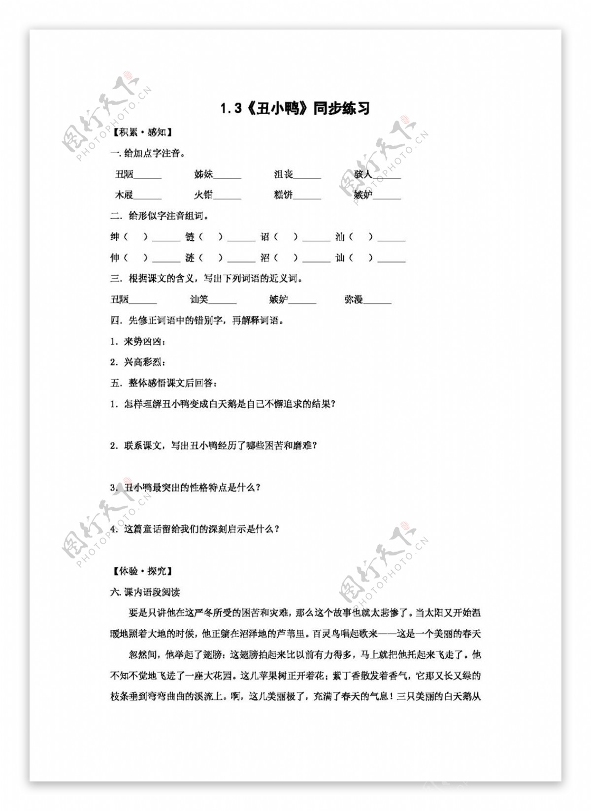 语文人教版语文1.3丑小鸭同步练习新课标七年级下