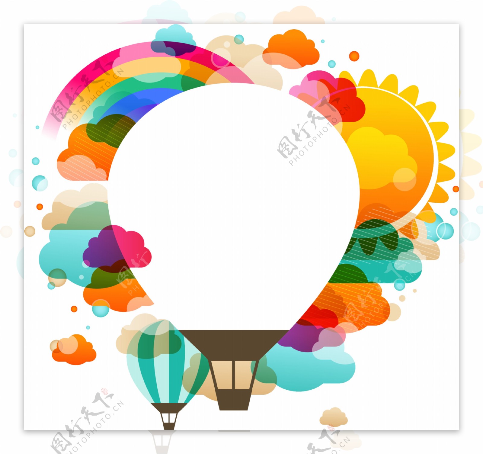 炫彩卡通彩虹云朵太阳热气球png元素