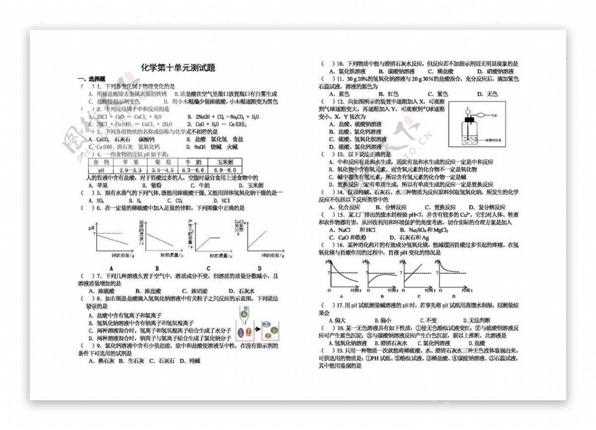 九年级下化学化学第十单元测试题