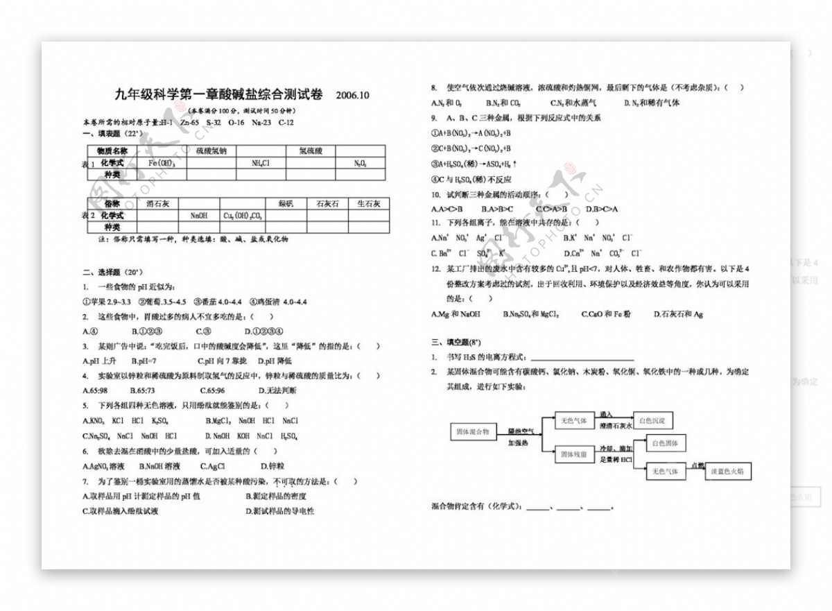 九年级上科学华师大版九年级上第一章酸碱盐综合测试卷