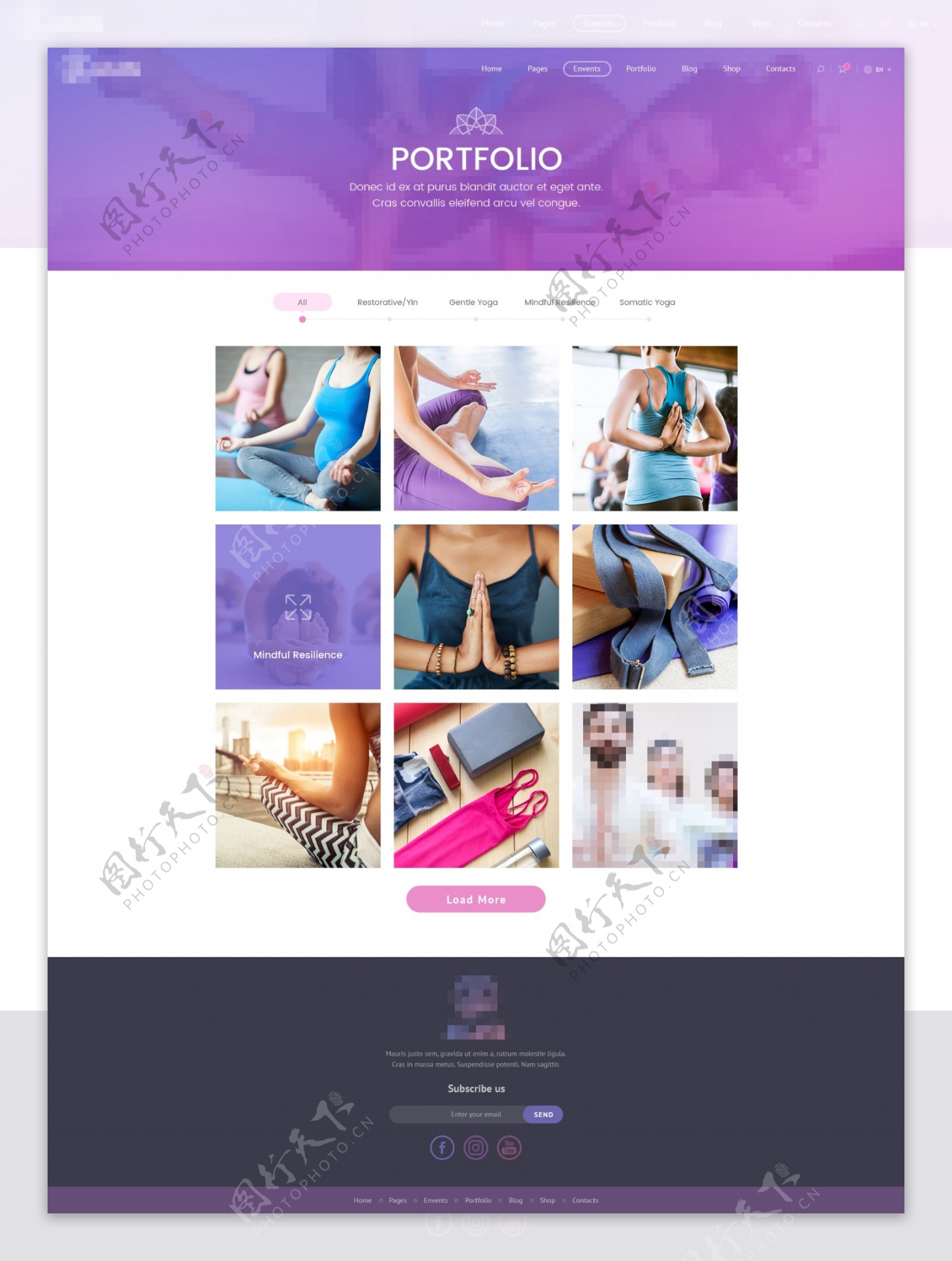 紫色的运动瑜伽健身网站界面案例展示