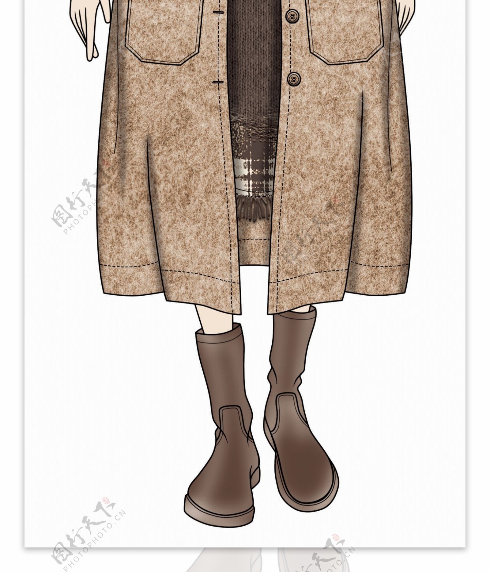 个性温暖格子拼色长外套女装服装效果图