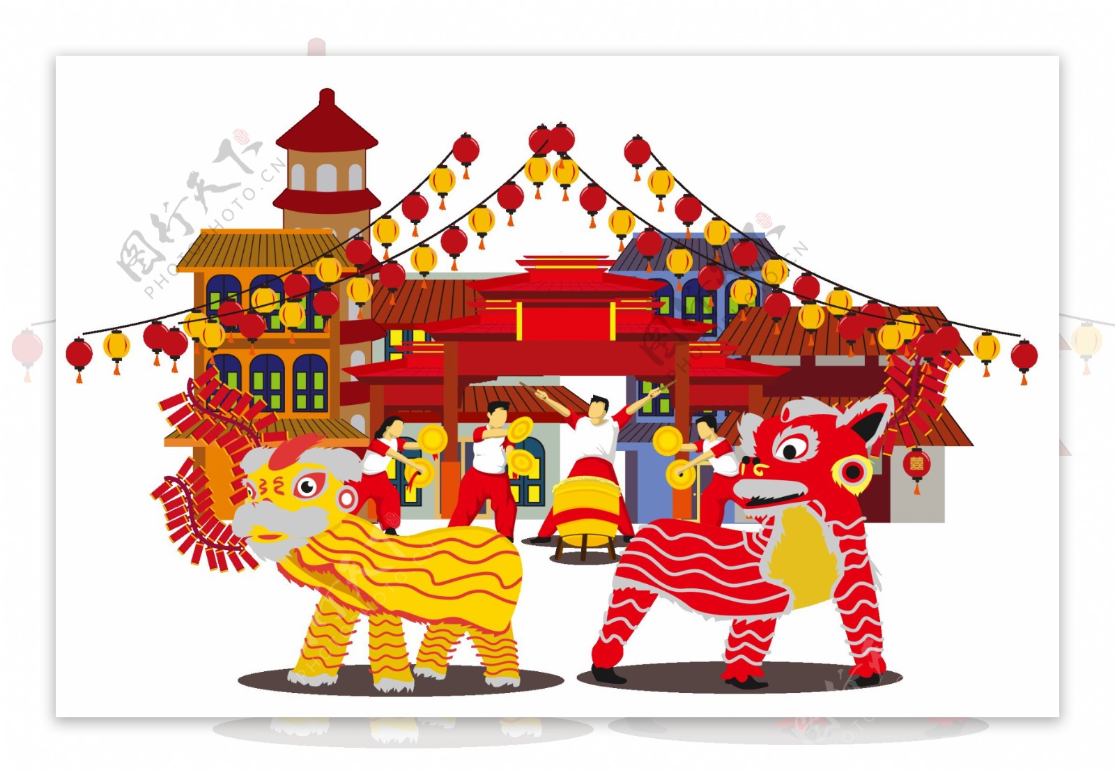 中国风喜庆建筑舞狮元素