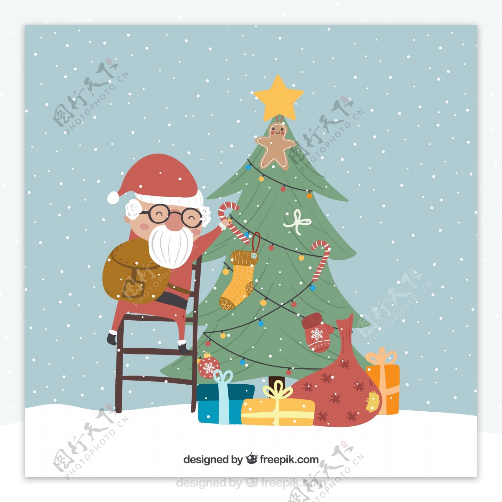 可爱装饰圣诞树的圣诞老人矢量图
