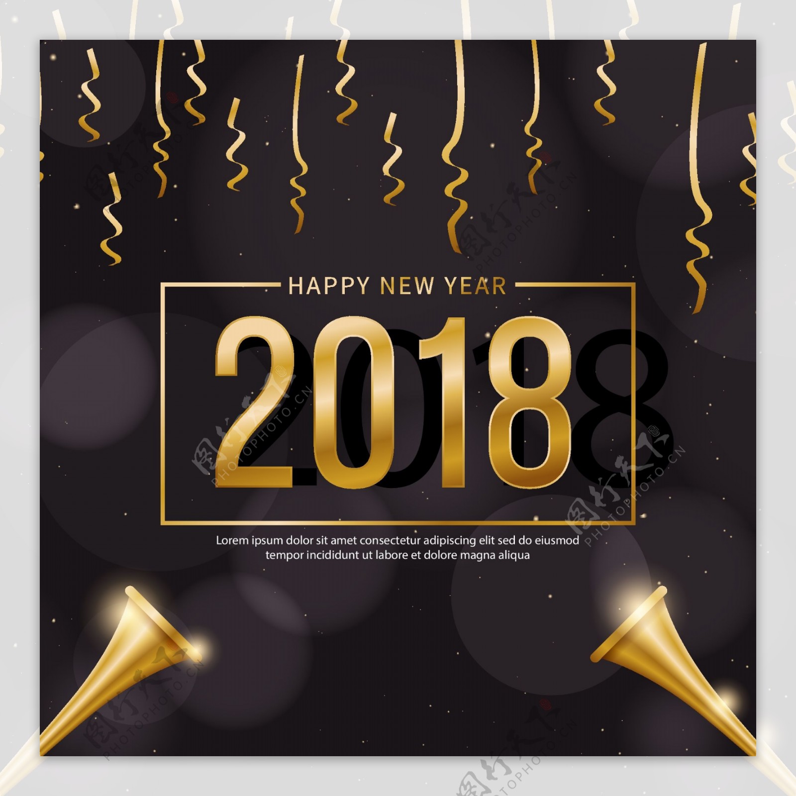 金色和黑色2018新年背景与纸屑
