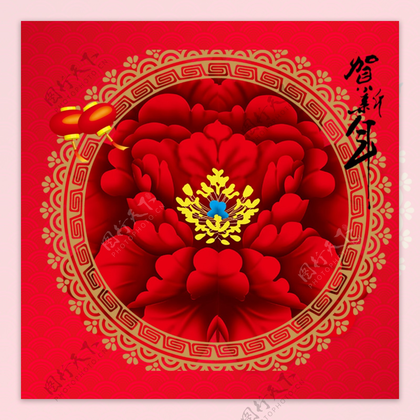 红色喜庆花朵新春主图设计