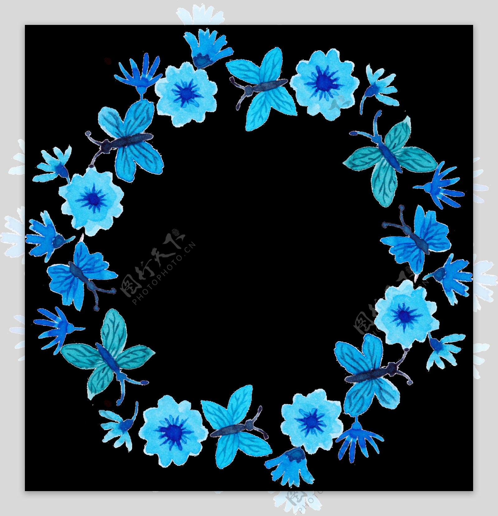 明亮雅致蓝色花朵手绘花环装饰元素