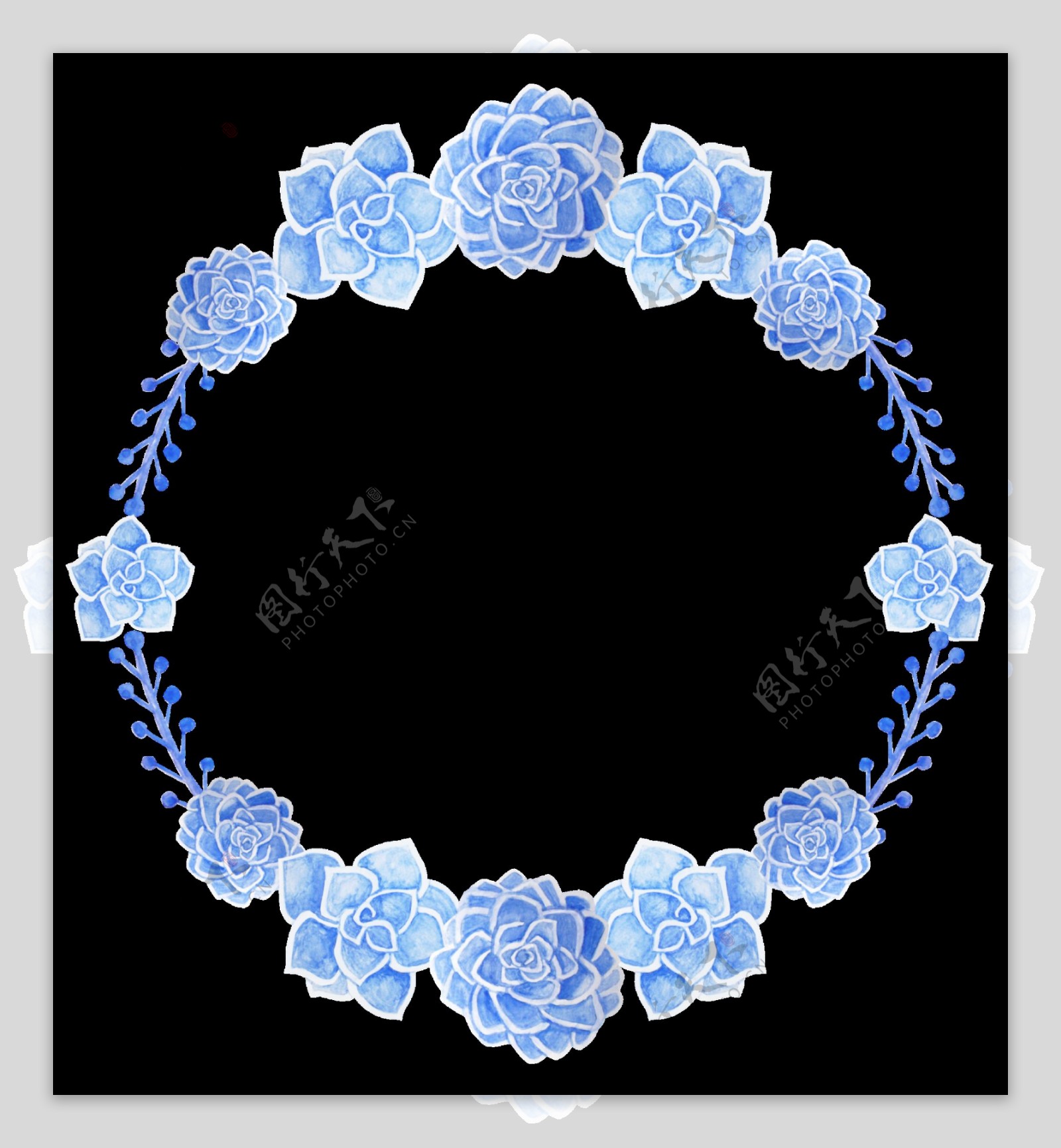 雅致浅蓝色花朵手绘花环装饰元素