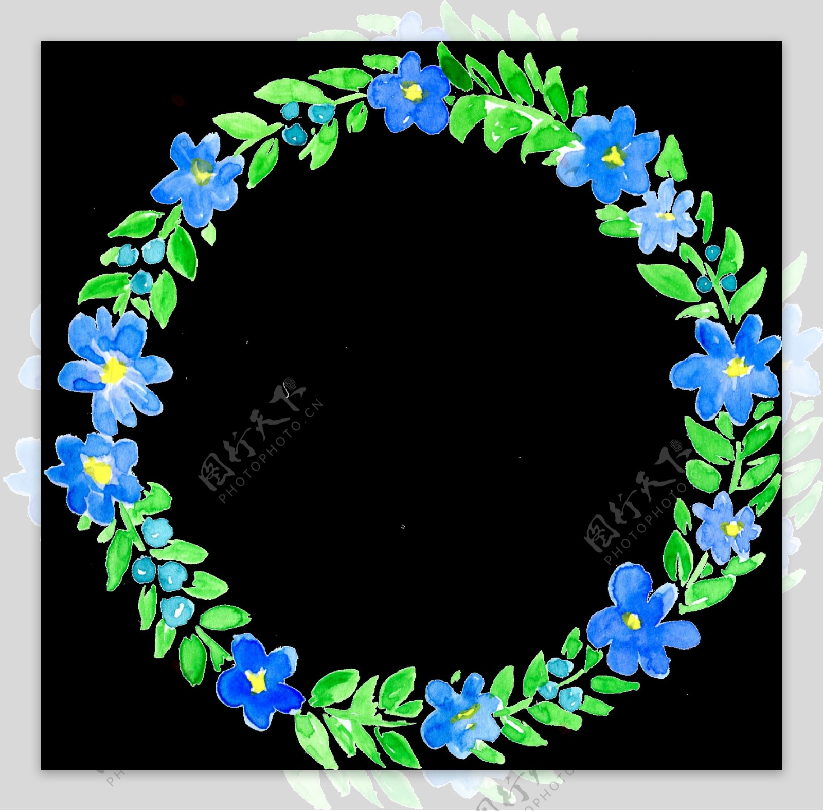 鲜艳蓝绿色树叶手绘花环装饰元素