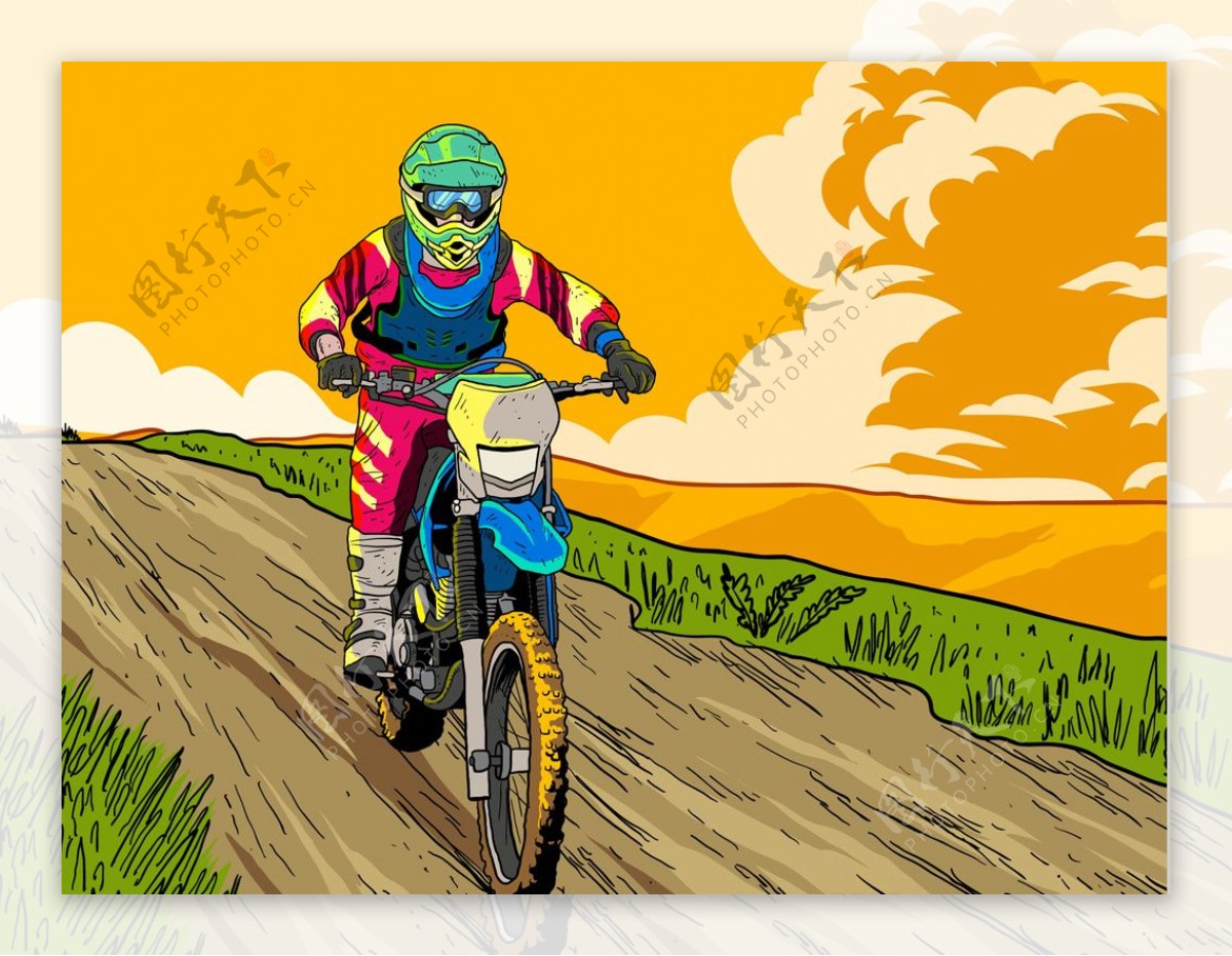 水彩手绘卡通摩托车