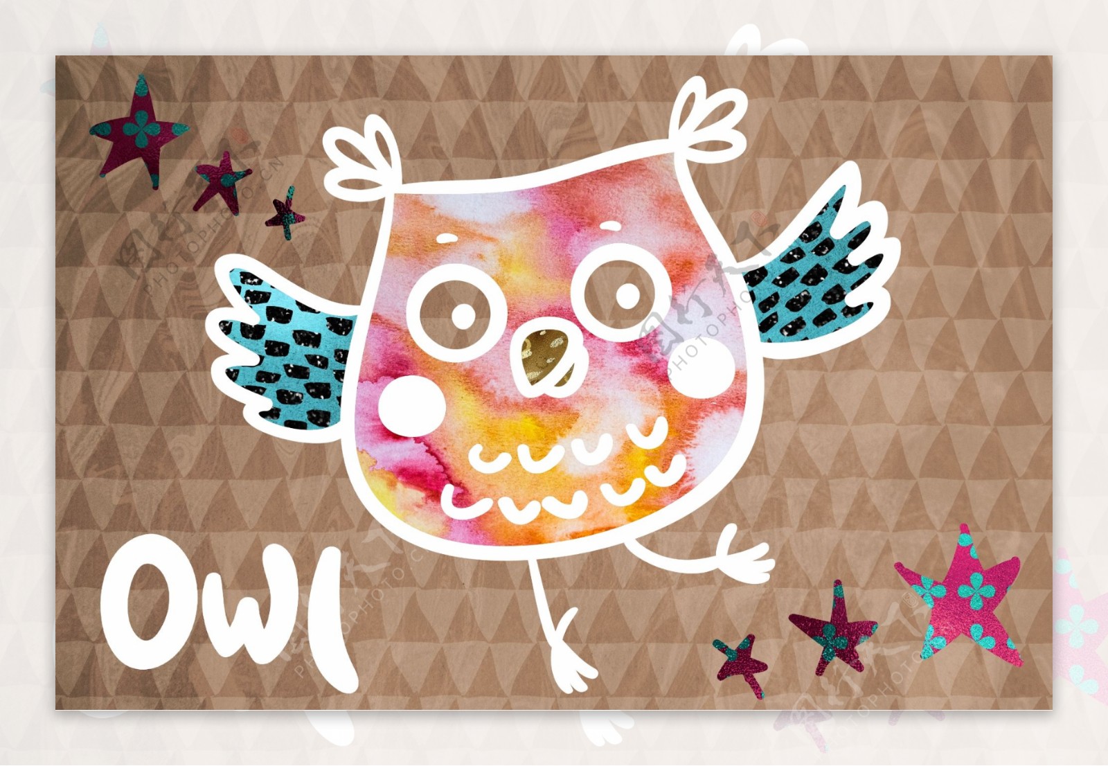 色彩缤纷鲜艳的猫头鹰装饰画PSD模板
