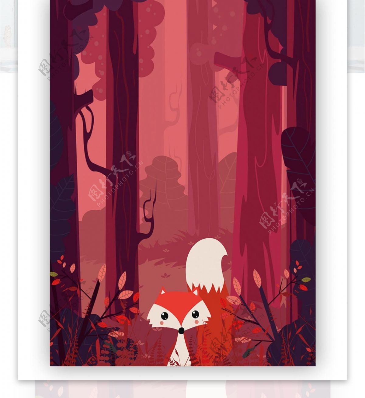 唯美红色森林背景丛林狐狸矢量插画模板