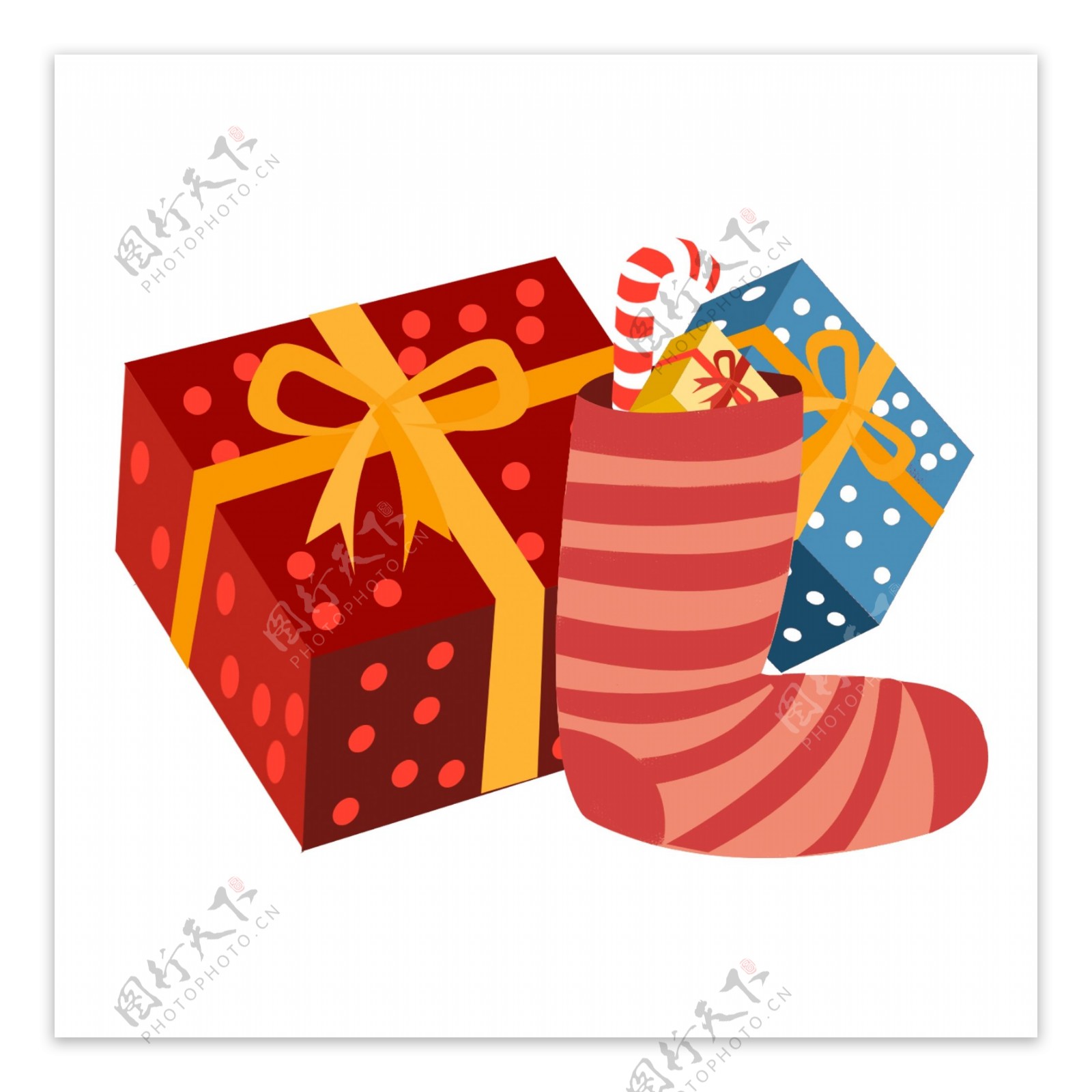 2.5D西方节日圣诞节的礼物盒和圣诞袜子元素