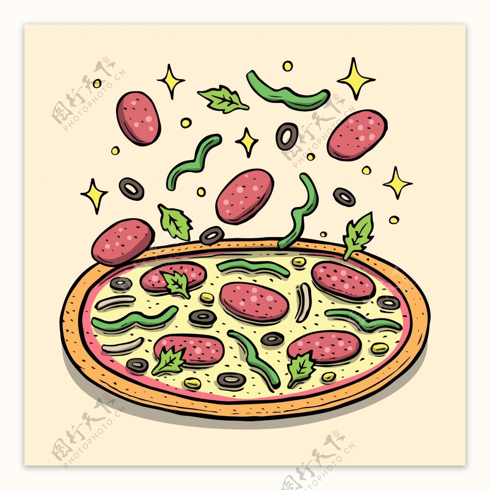 手绘美味的香肠披萨插画