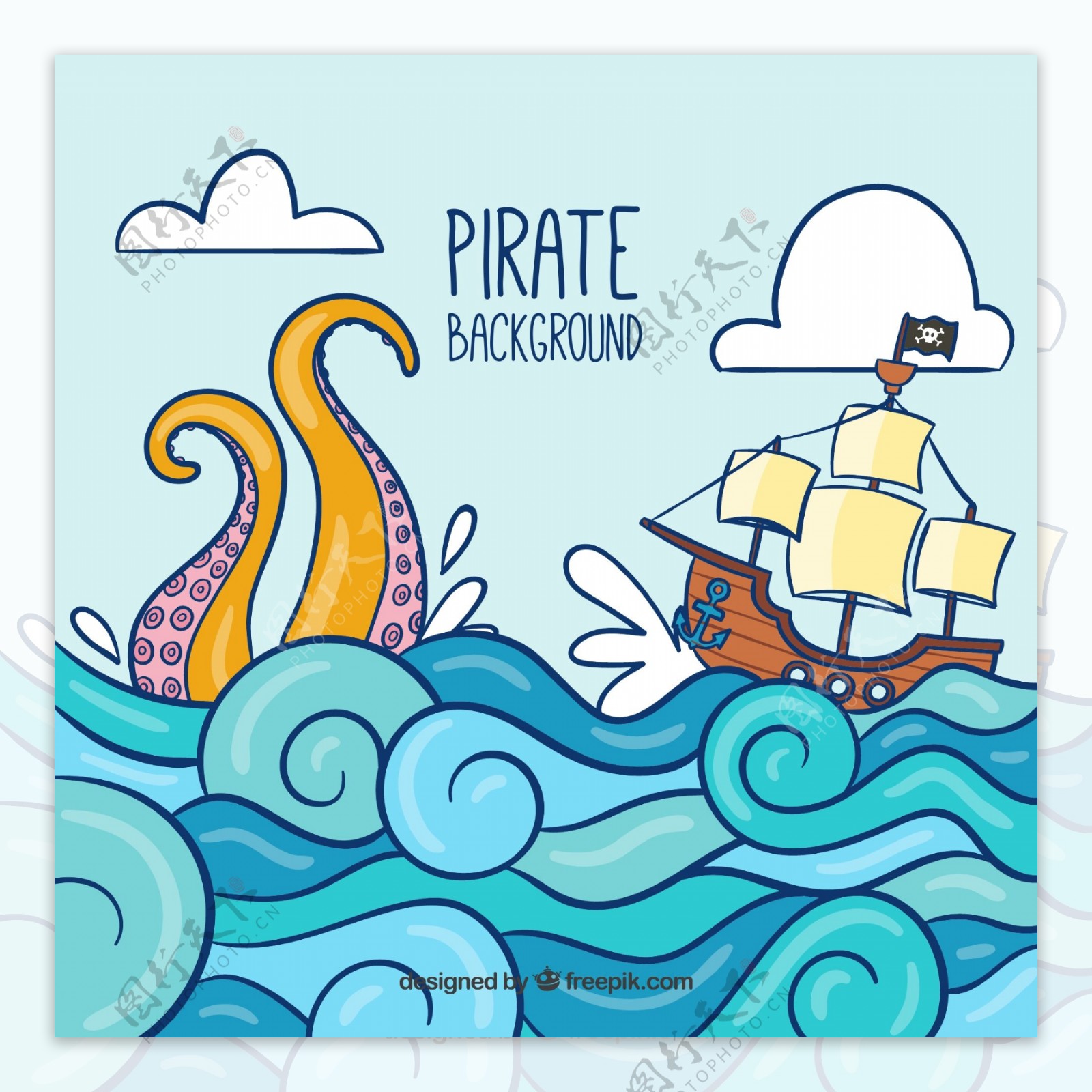 彩绘彩绘上的海盗船和章鱼怪物矢量图