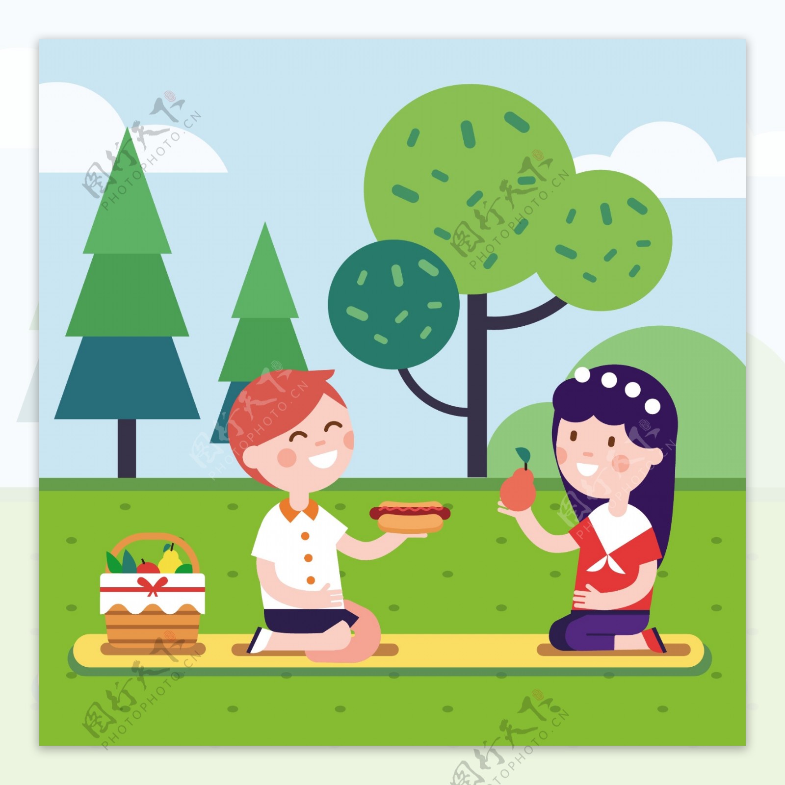 两个孩子在公园草地野餐
