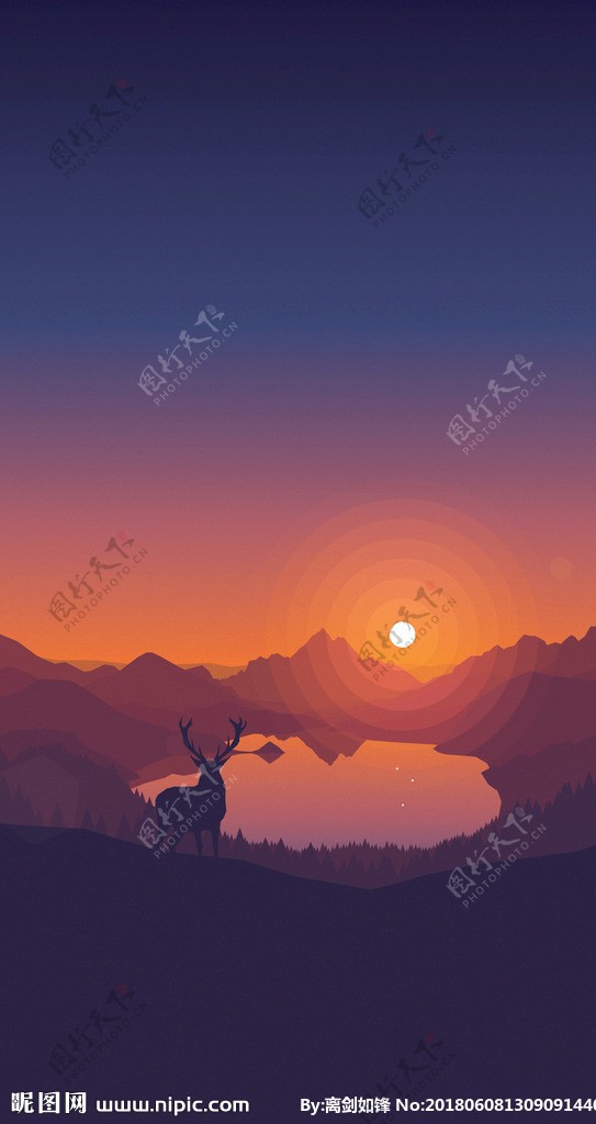 麋鹿湖边日落插画
