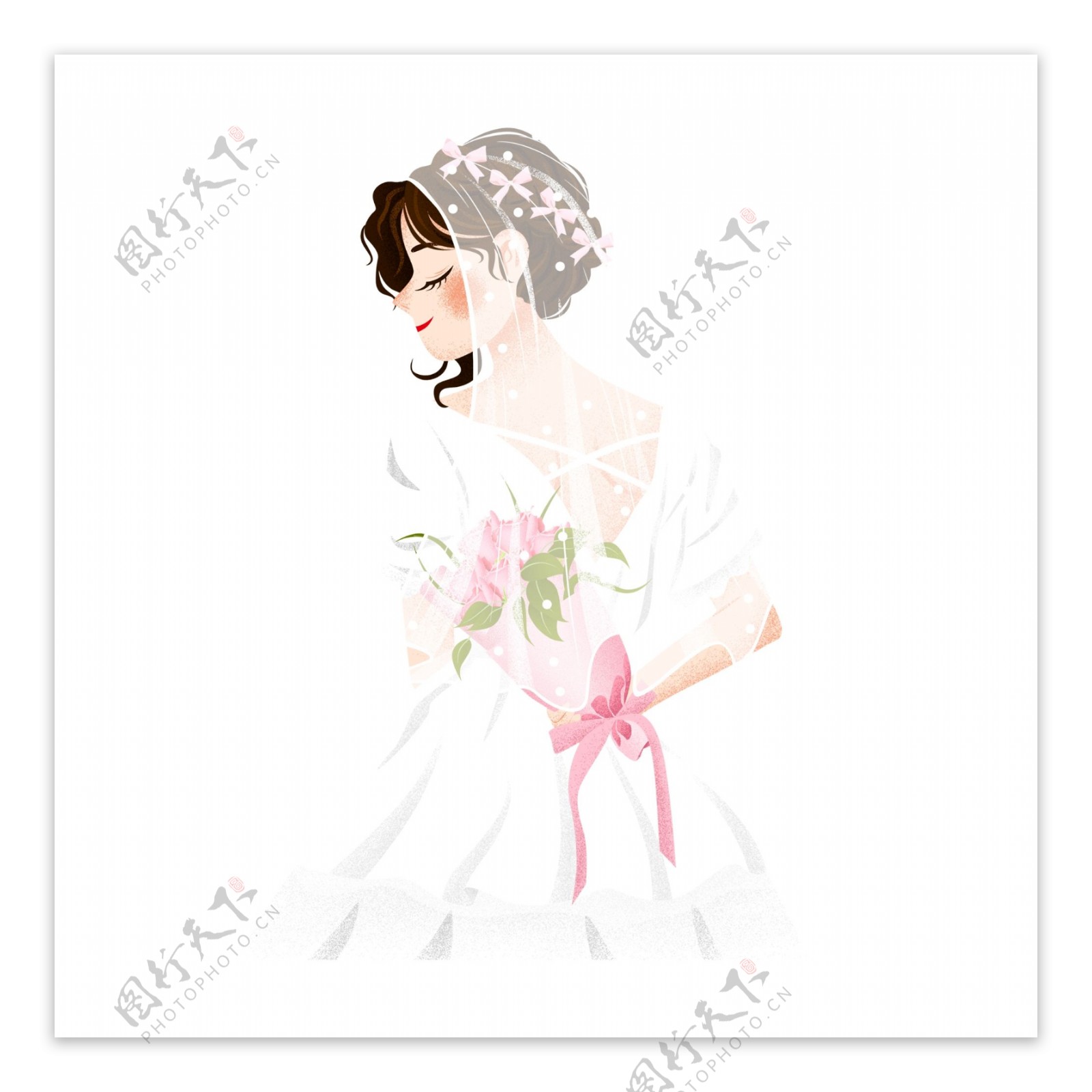 穿白色婚纱手拿玫瑰花的漂亮女子卡通元素