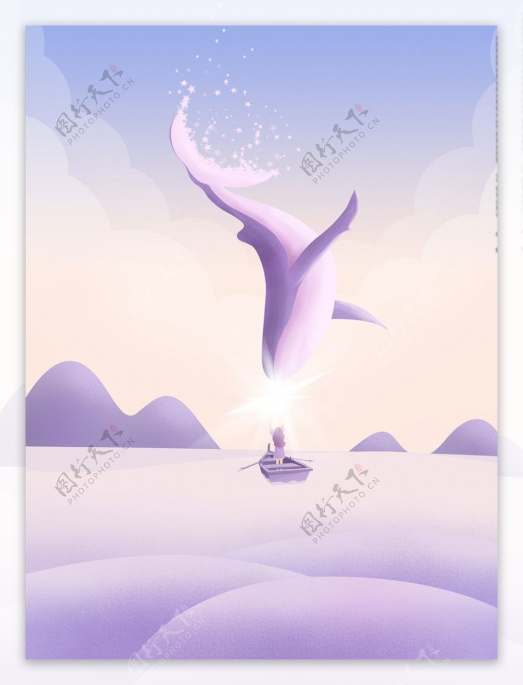 简约淡紫色鲸鱼海面船插画海报