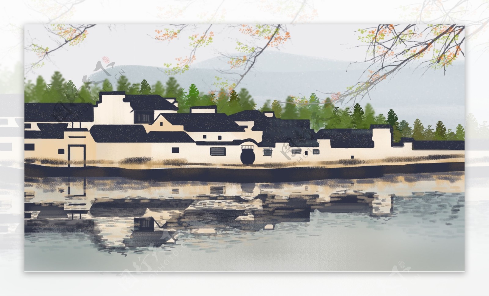 江南水乡白色建筑物树枝卡通背景