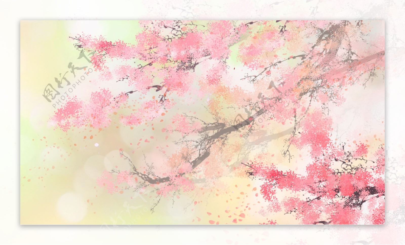 粉色花树花枝渲染水彩卡通背景
