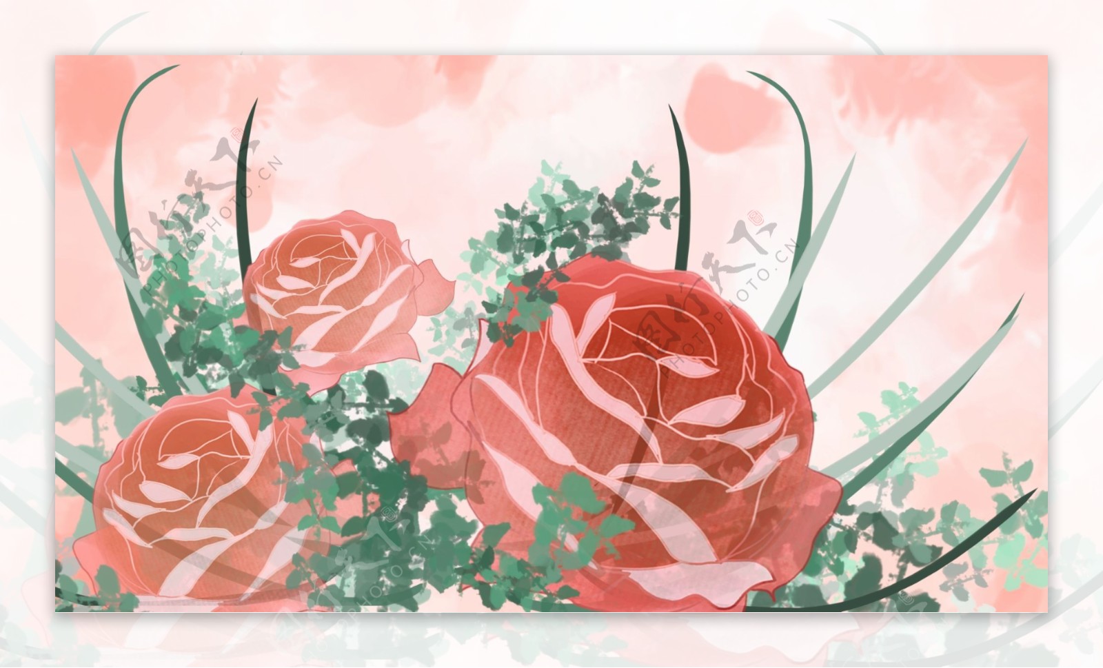 红色手绘玫瑰浪漫背景