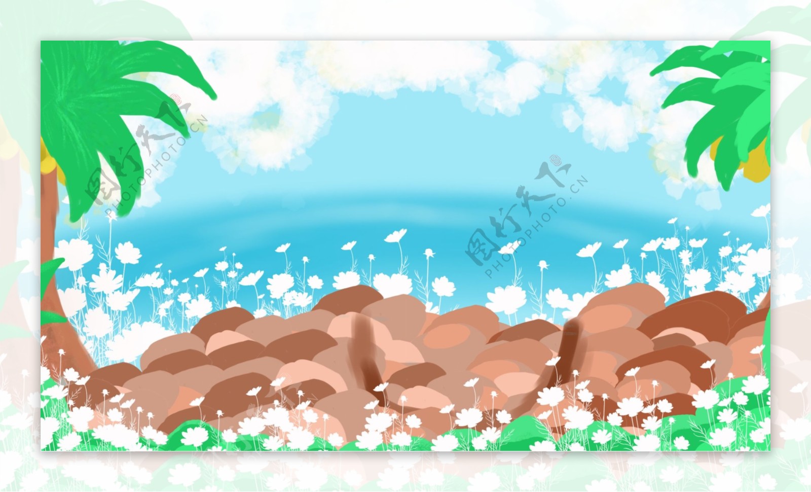 小清新手绘海滩插画背景设计